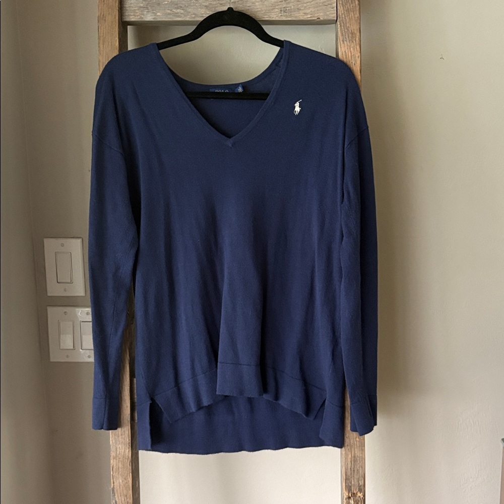 Polo Ralph Lauren Womens Cotton Blend V Neck Sweater Medium Navy Preppy Classic